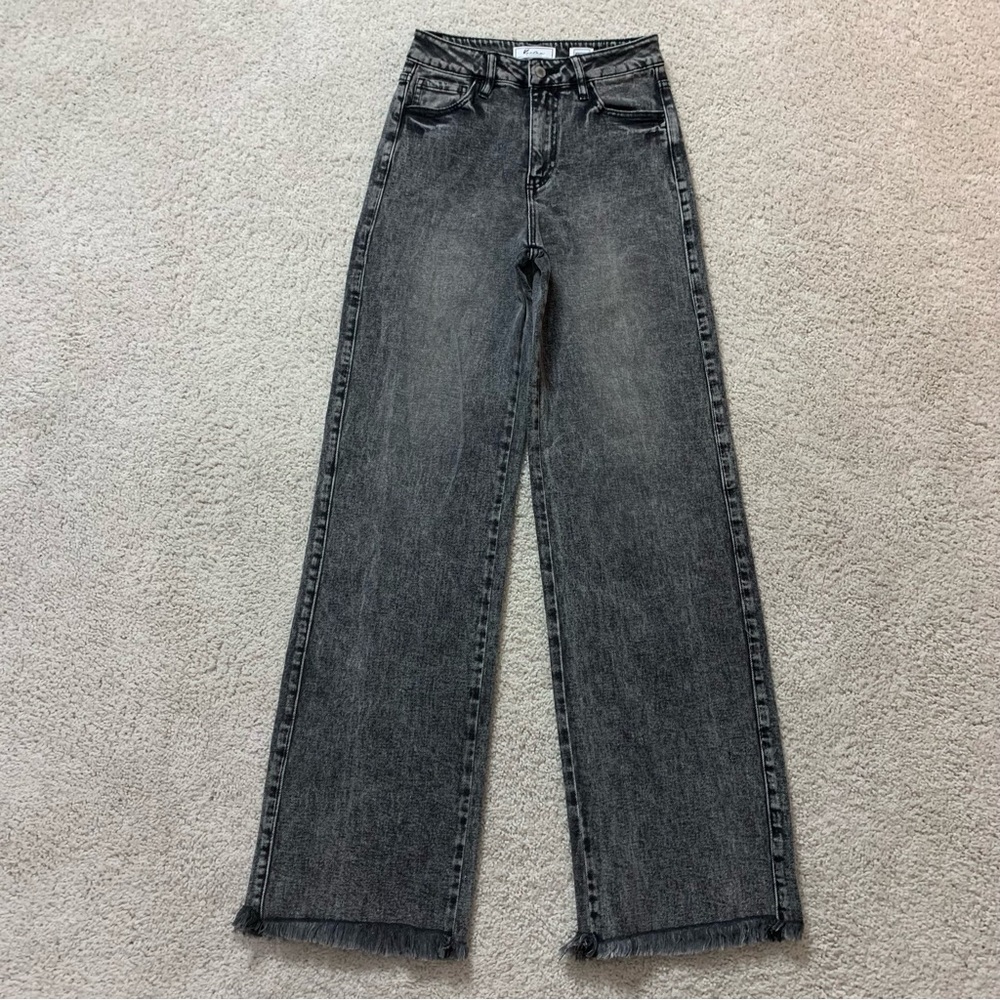 Women’s KANCAN Black ACID WASHED High Rise Waist WIDE LEG Denim JEANS  24